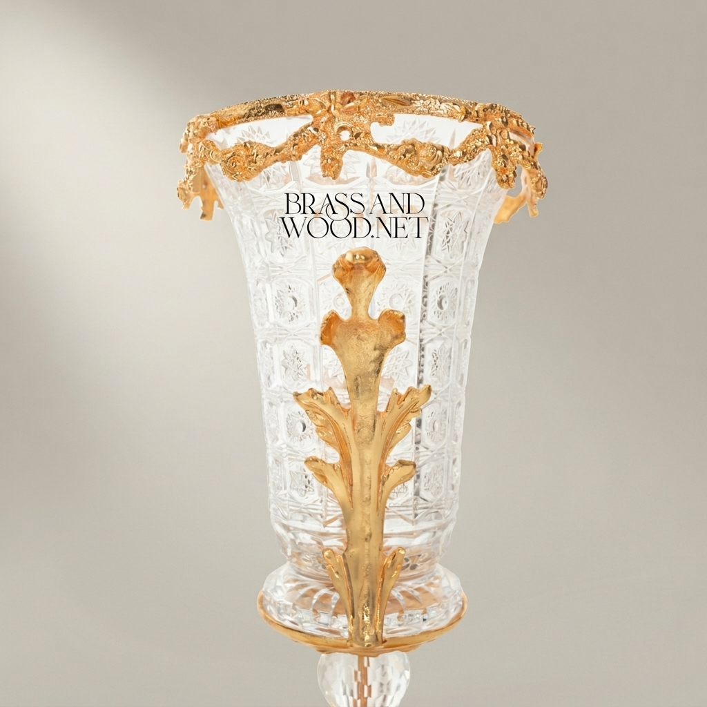 Baroque Crystal Vase with Ormolu Acanthus Mounts & Floral Rim — Trumpet-Form Pedestal — Gold