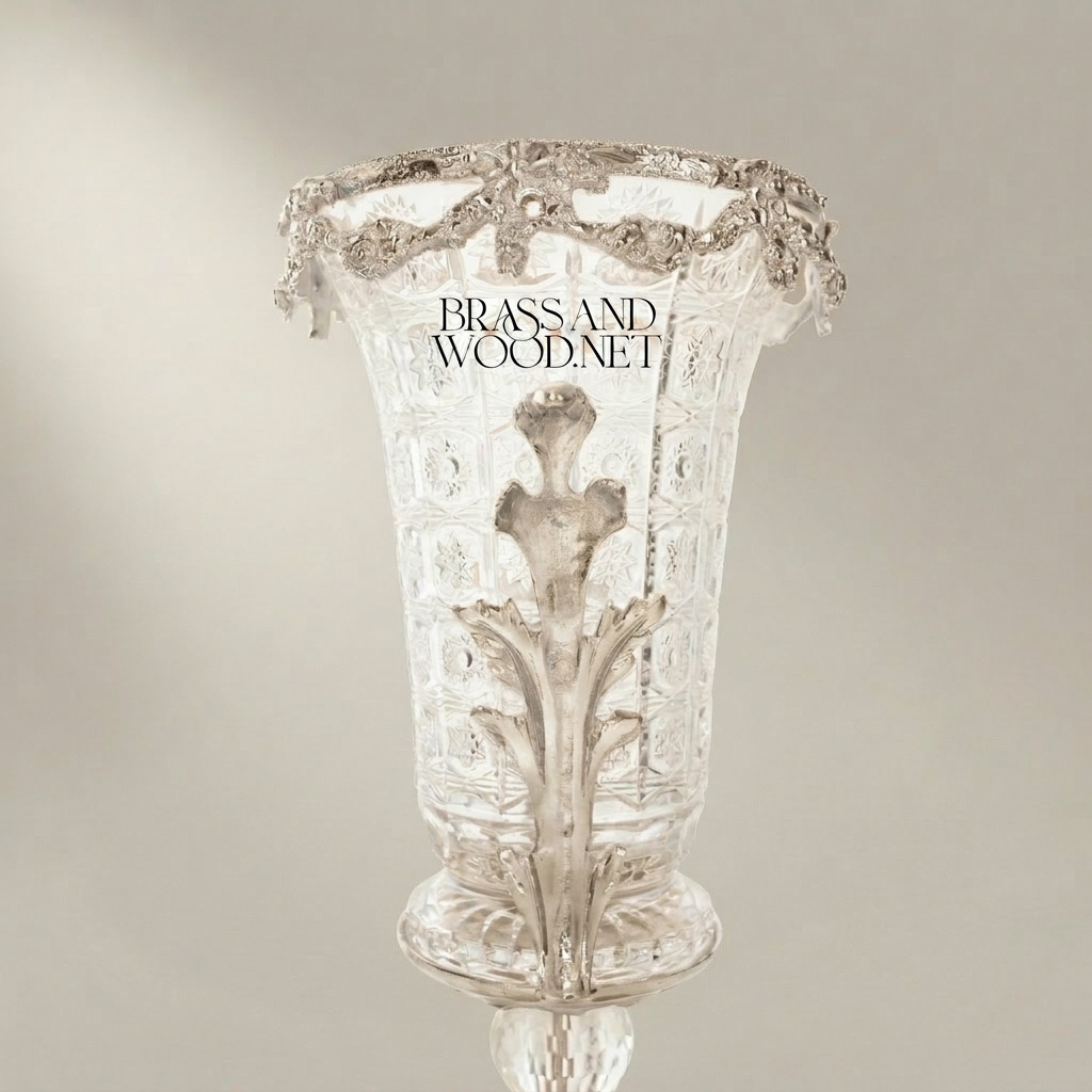 Baroque Crystal Vase with Ormolu Acanthus Mounts & Floral Rim — Trumpet-Form Pedestal — Silver