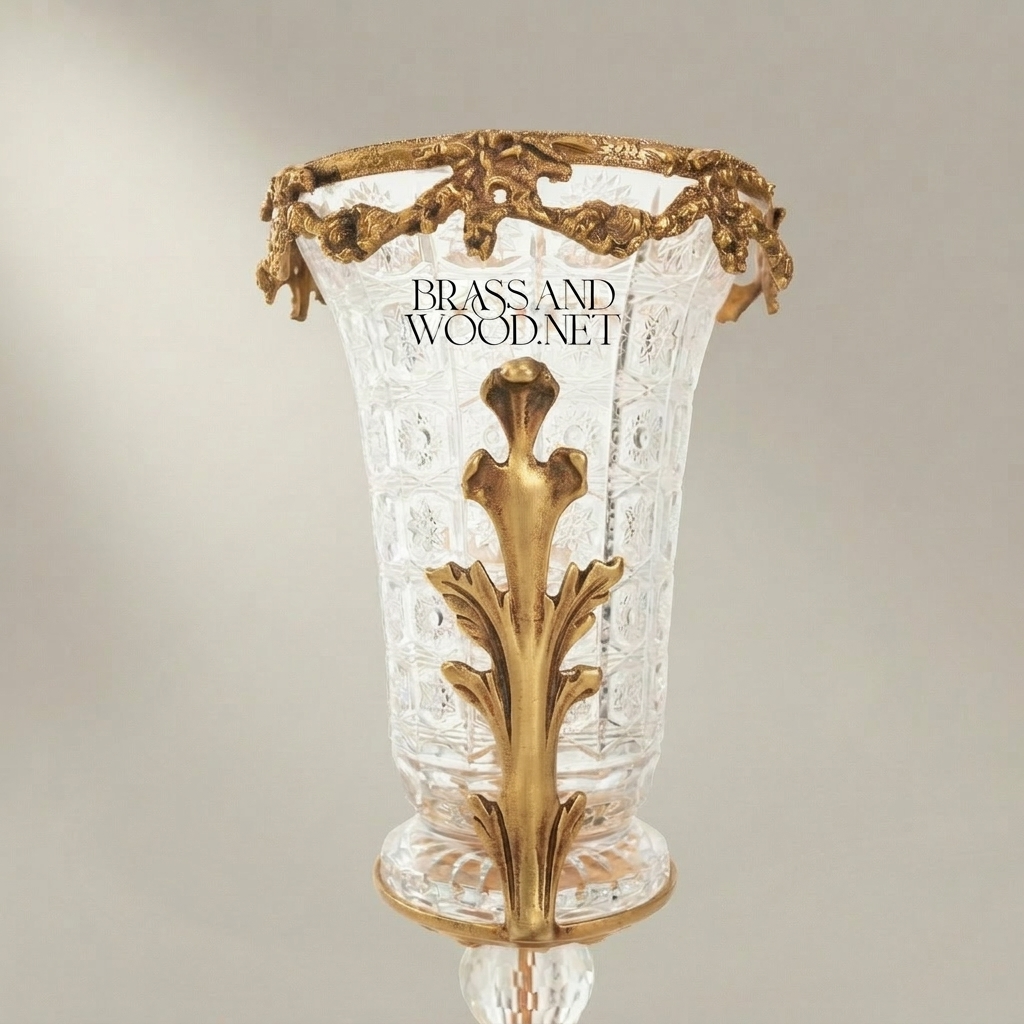 Baroque Crystal Vase with Ormolu Acanthus Mounts & Floral Rim — Trumpet-Form Pedestal — Antique Gold