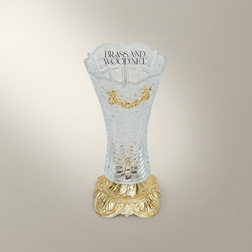 Baroque Crystal Trumpet Vase with Ornate Brass Acanthus Base and Swag Mount — Gold