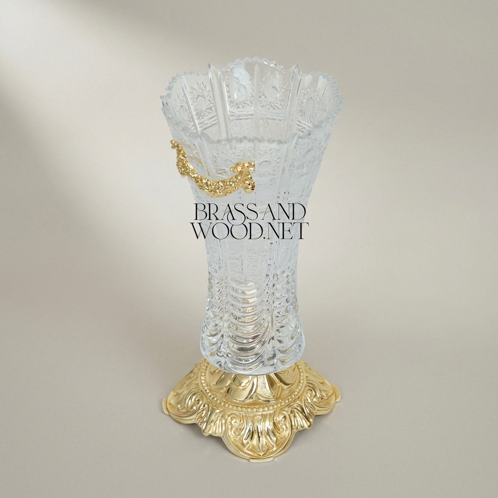 Baroque Crystal Trumpet Vase with Ornate Brass Acanthus Base and Swag Mount — Gold