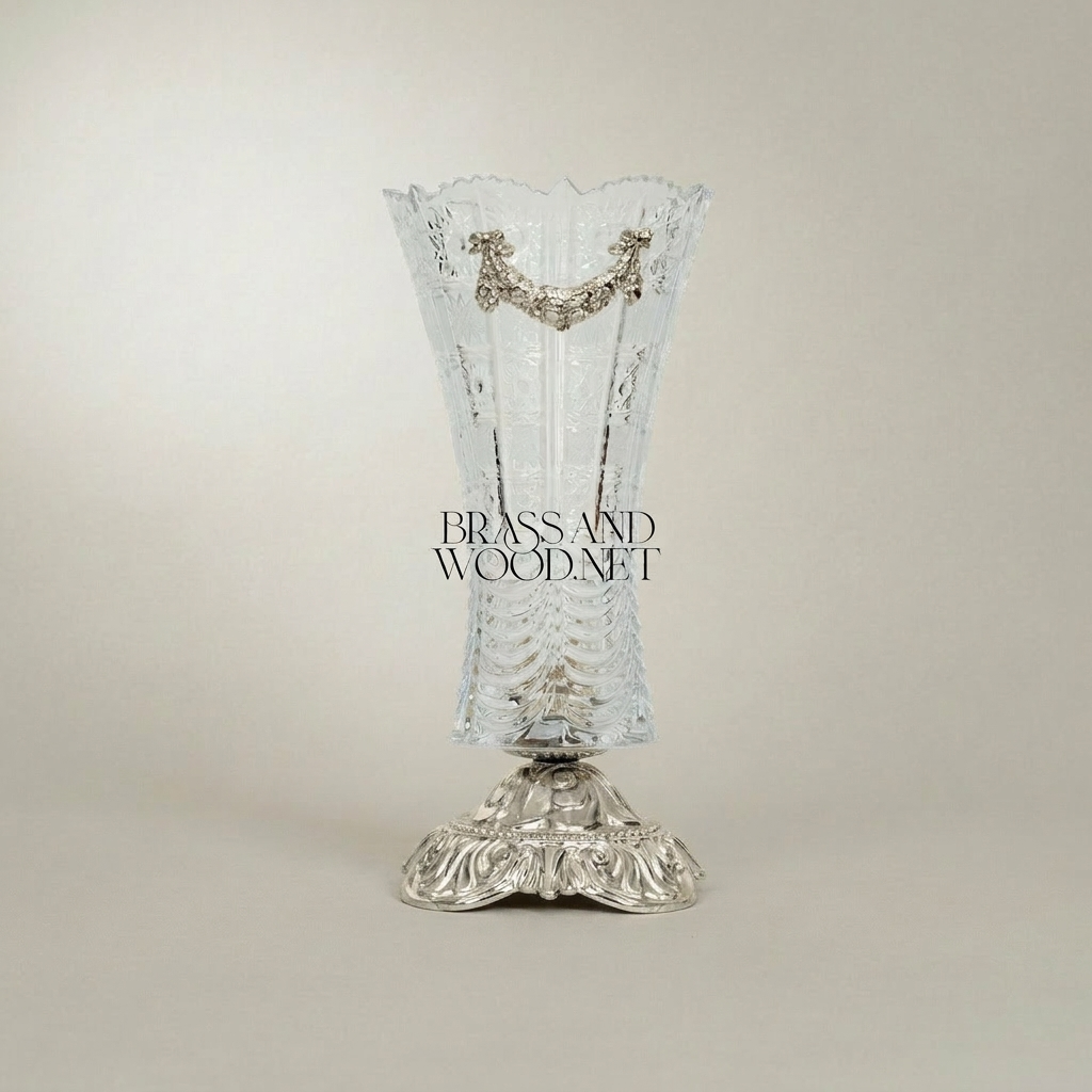 Baroque Crystal Trumpet Vase with Ornate Brass Acanthus Base and Swag Mount — Silver