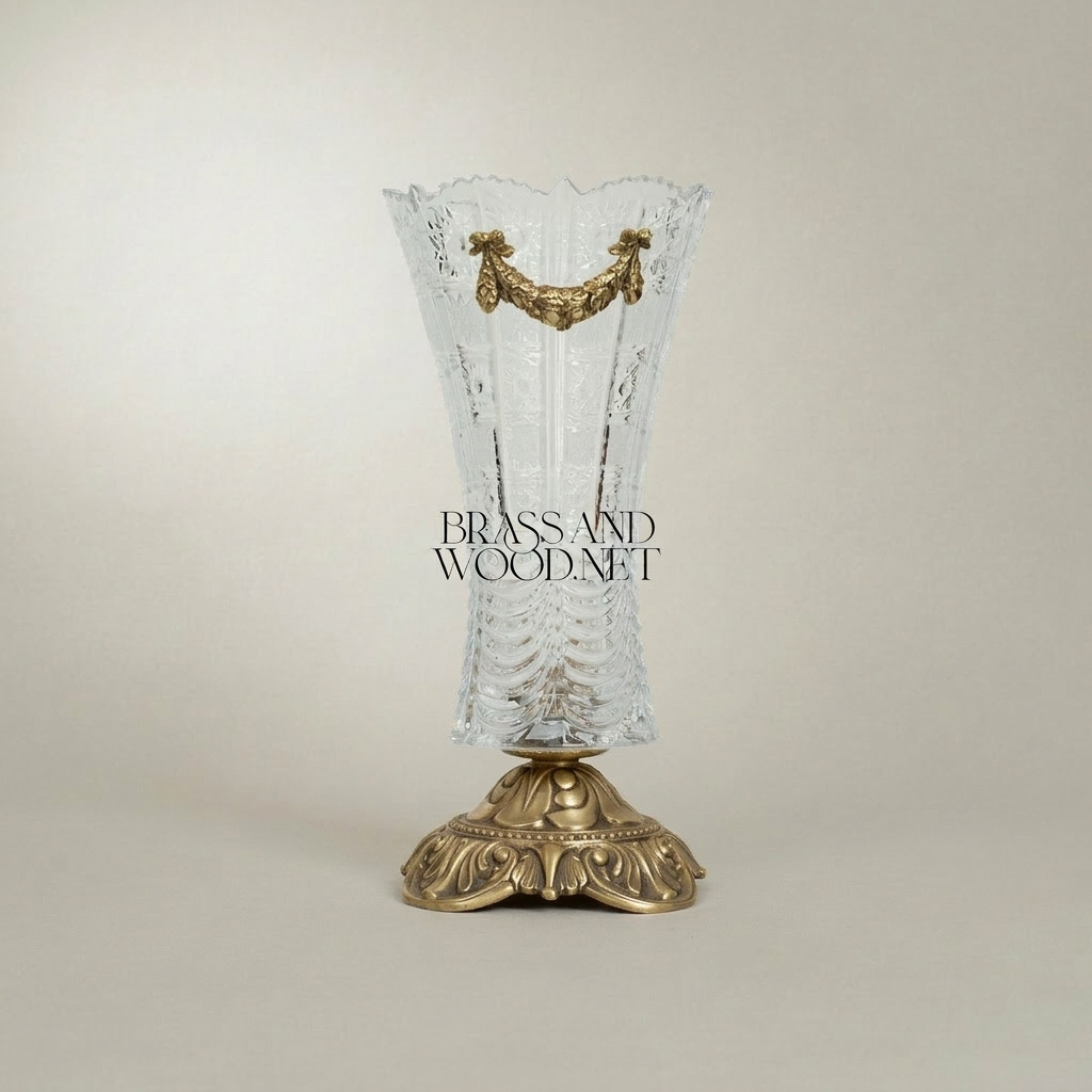 Baroque Crystal Trumpet Vase with Ornate Brass Acanthus Base and Swag Mount — Antique Gold