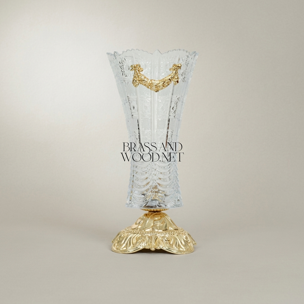 Baroque Crystal Trumpet Vase with Ornate Brass Acanthus Base and Swag Mount — Gold