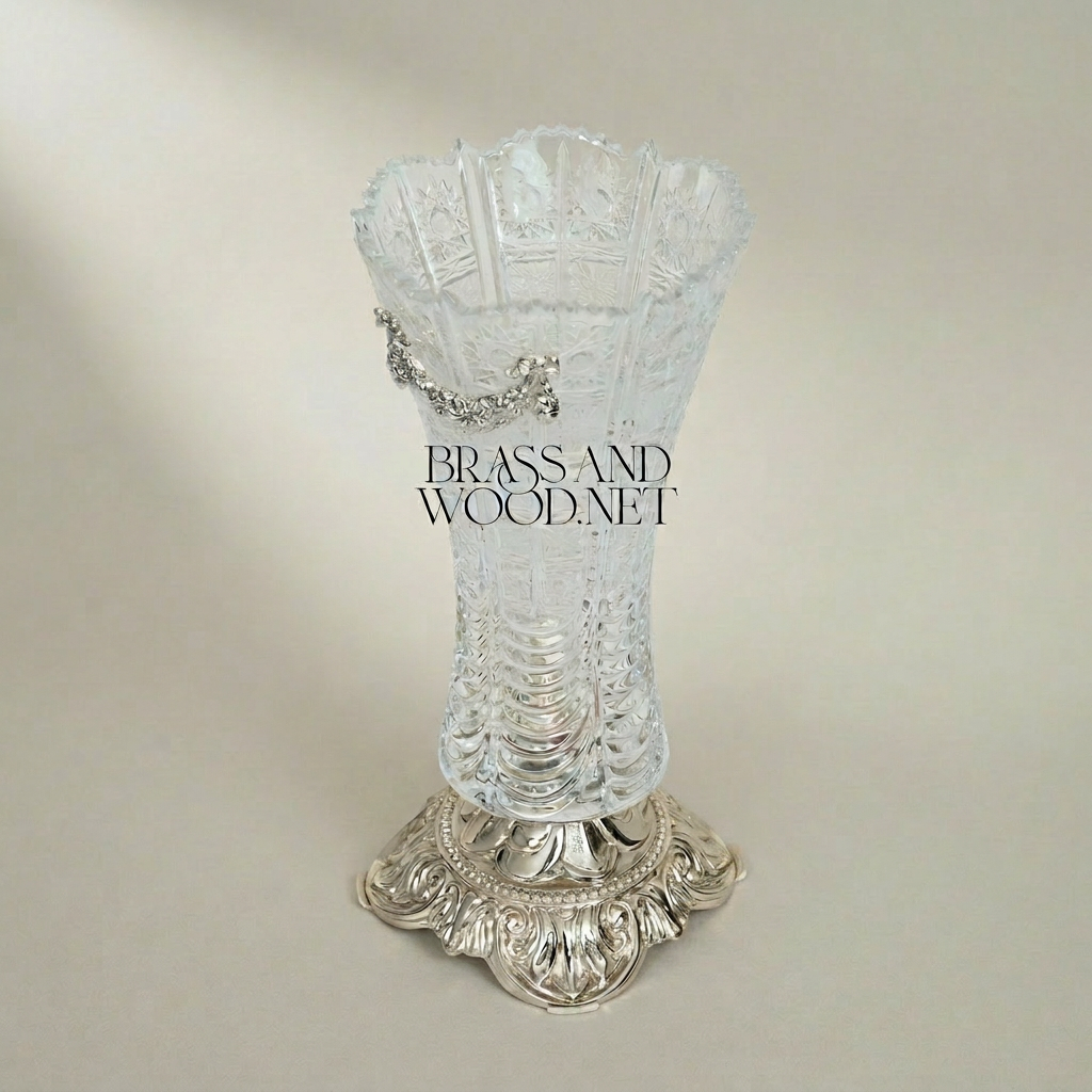 Baroque Crystal Trumpet Vase with Ornate Brass Acanthus Base and Swag Mount — Silver