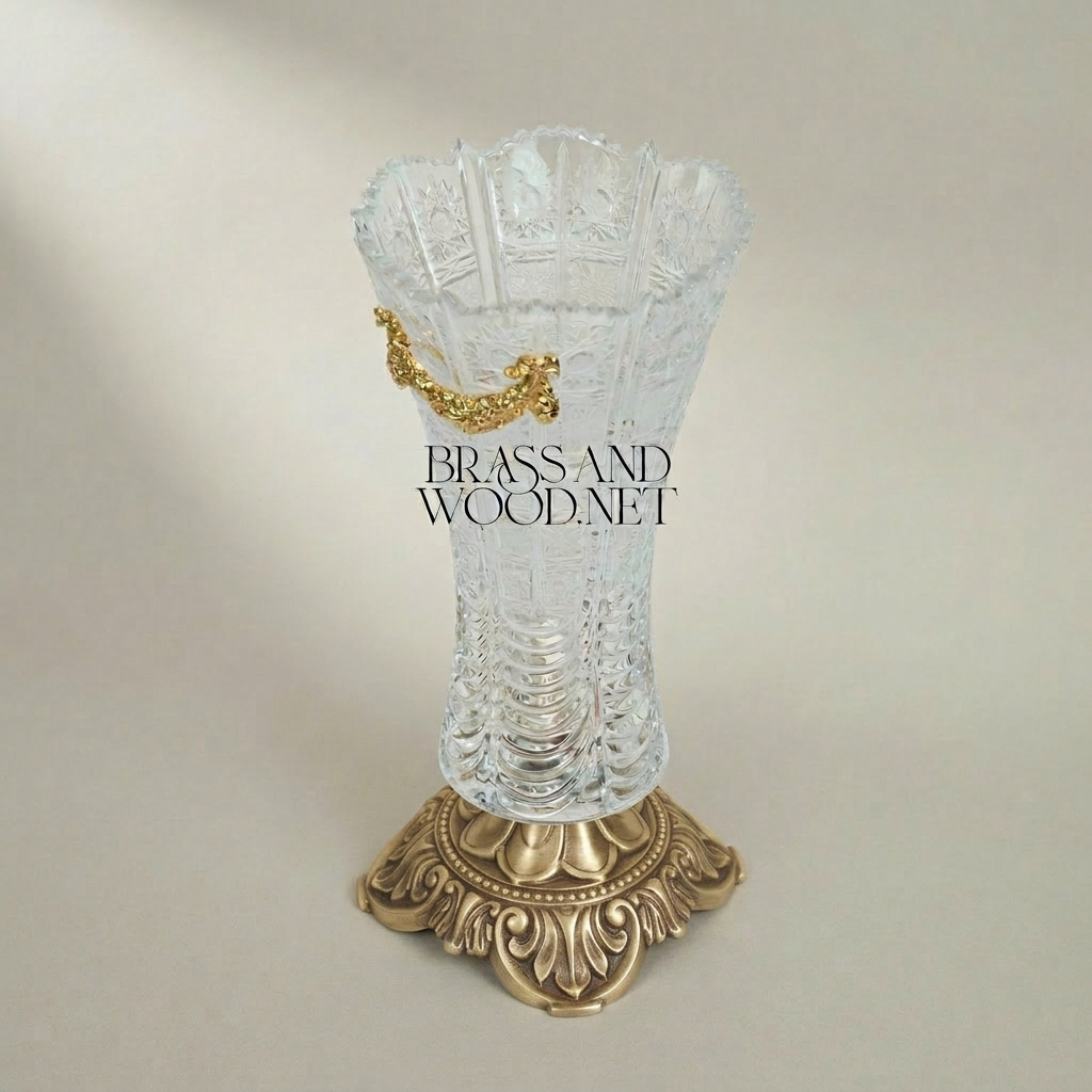 Baroque Crystal Trumpet Vase with Ornate Brass Acanthus Base and Swag Mount — Antique Gold