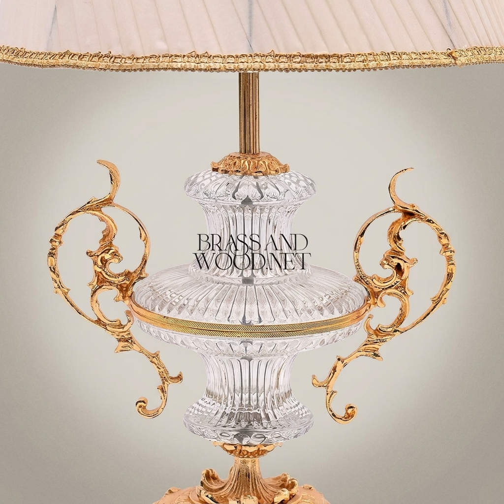 Baroque Crystal Urn Table Lamp with Scrolled Brass Handles & Pleated Shade — Gold