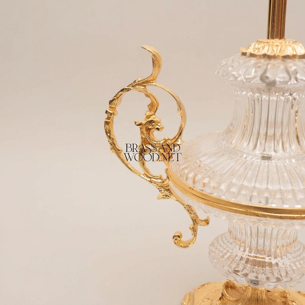 Baroque Crystal Urn Table Lamp with Scrolled Brass Handles & Pleated Shade