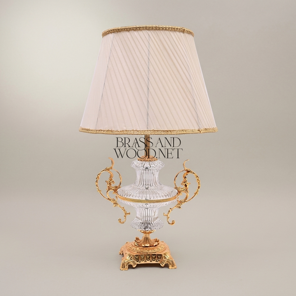 Baroque Crystal Urn Table Lamp with Scrolled Brass Handles & Pleated Shade