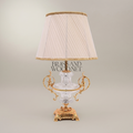 Baroque Crystal Urn Table Lamp with Scrolled Brass Handles & Pleated Shade — Gold