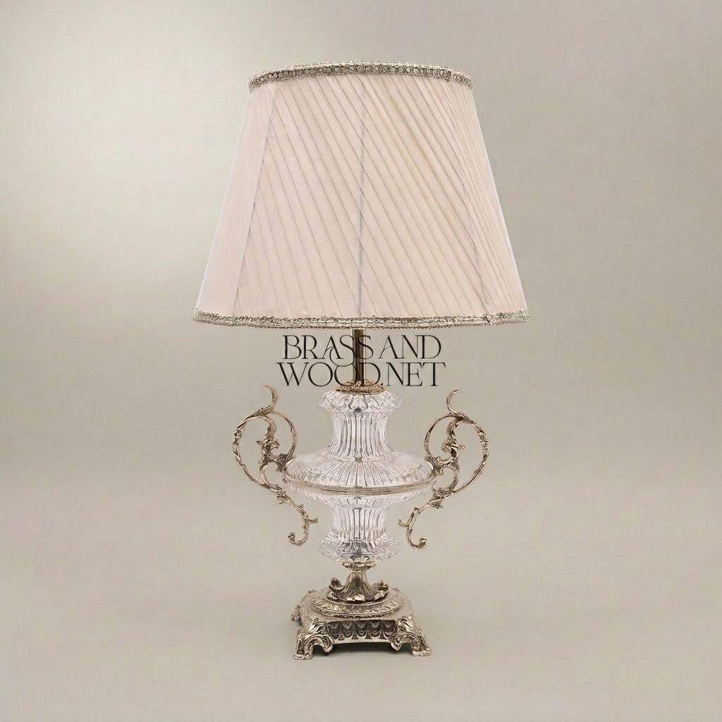 Baroque Crystal Urn Table Lamp with Scrolled Brass Handles & Pleated Shade — Silver