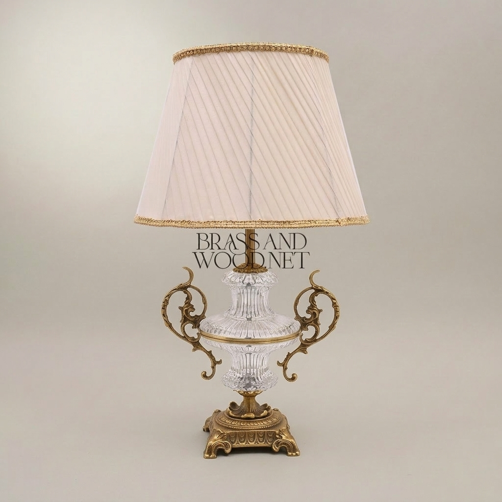 Baroque Crystal Urn Table Lamp with Scrolled Brass Handles & Pleated Shade — Antique Gold
