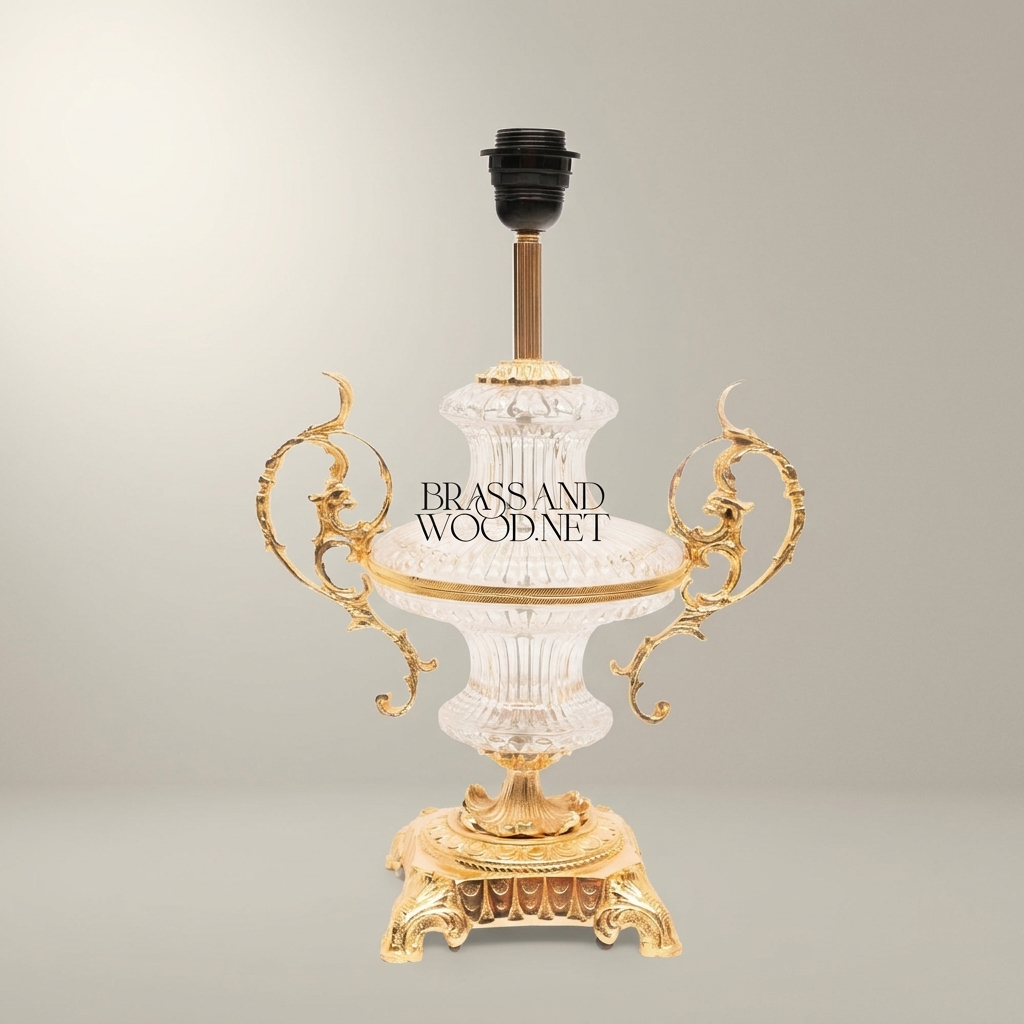 Baroque Crystal Urn Table Lamp with Scrolled Brass Handles & Pleated Shade — Gold