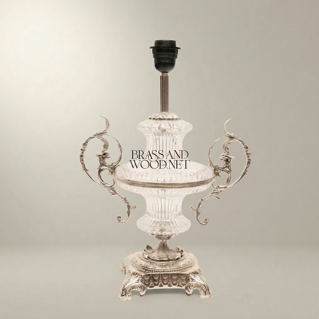 Baroque Crystal Urn Table Lamp with Scrolled Brass Handles & Pleated Shade — Silver