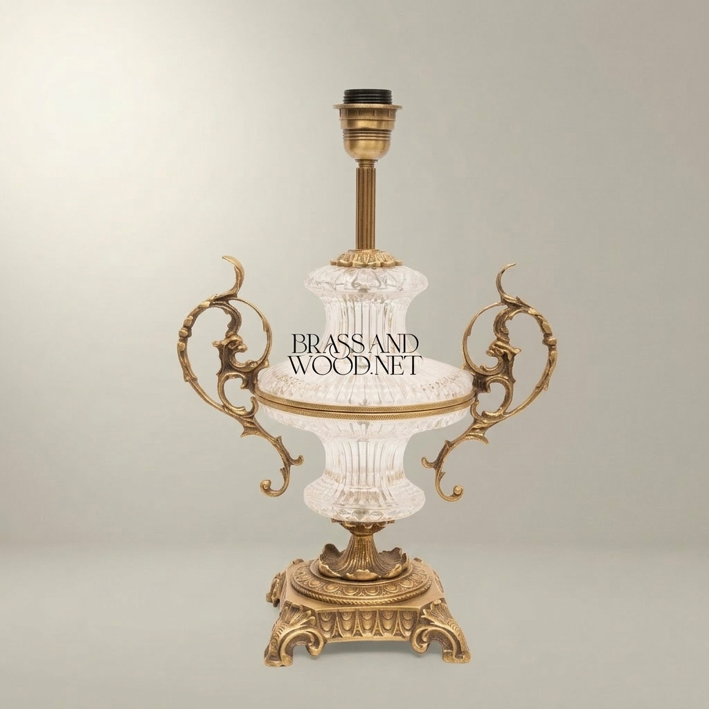 Baroque Crystal Urn Table Lamp with Scrolled Brass Handles & Pleated Shade — Antique Gold