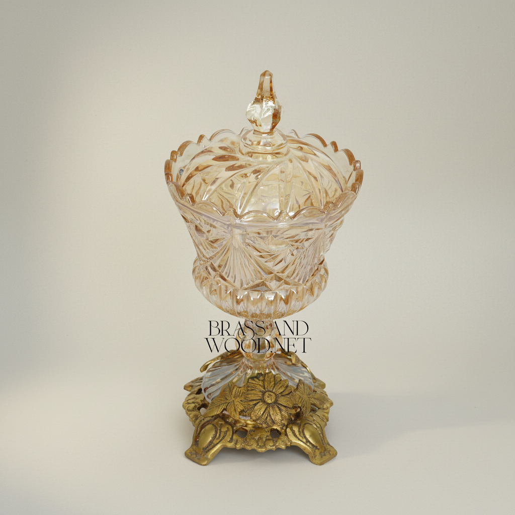 Baroque Cut-Crystal Bonbonniere with Floral Brass Base — Antique Gold
