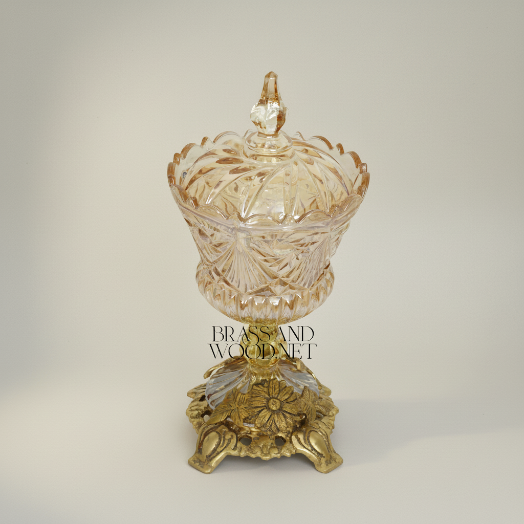 Baroque Cut-Crystal Bonbonniere with Floral Brass Base — Gold