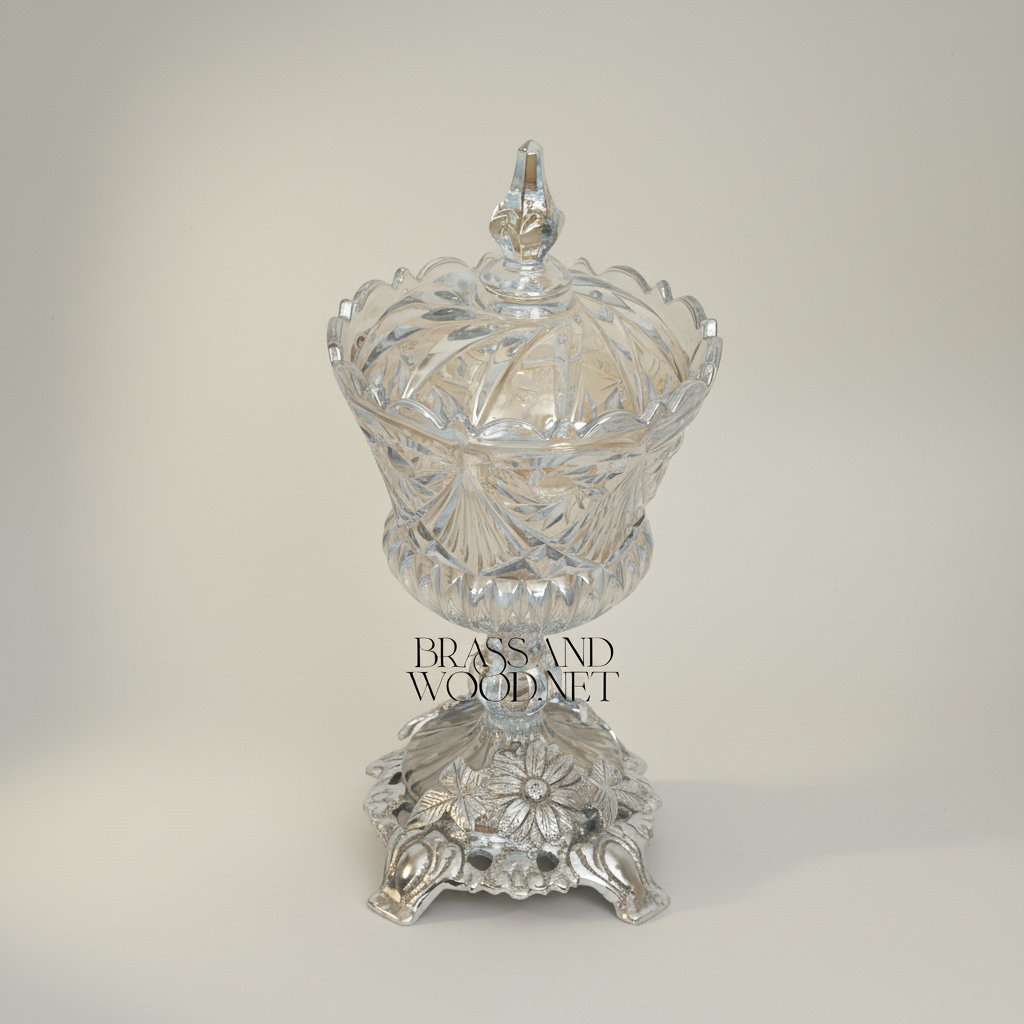 Baroque Cut-Crystal Bonbonniere with Floral Brass Base — Silver