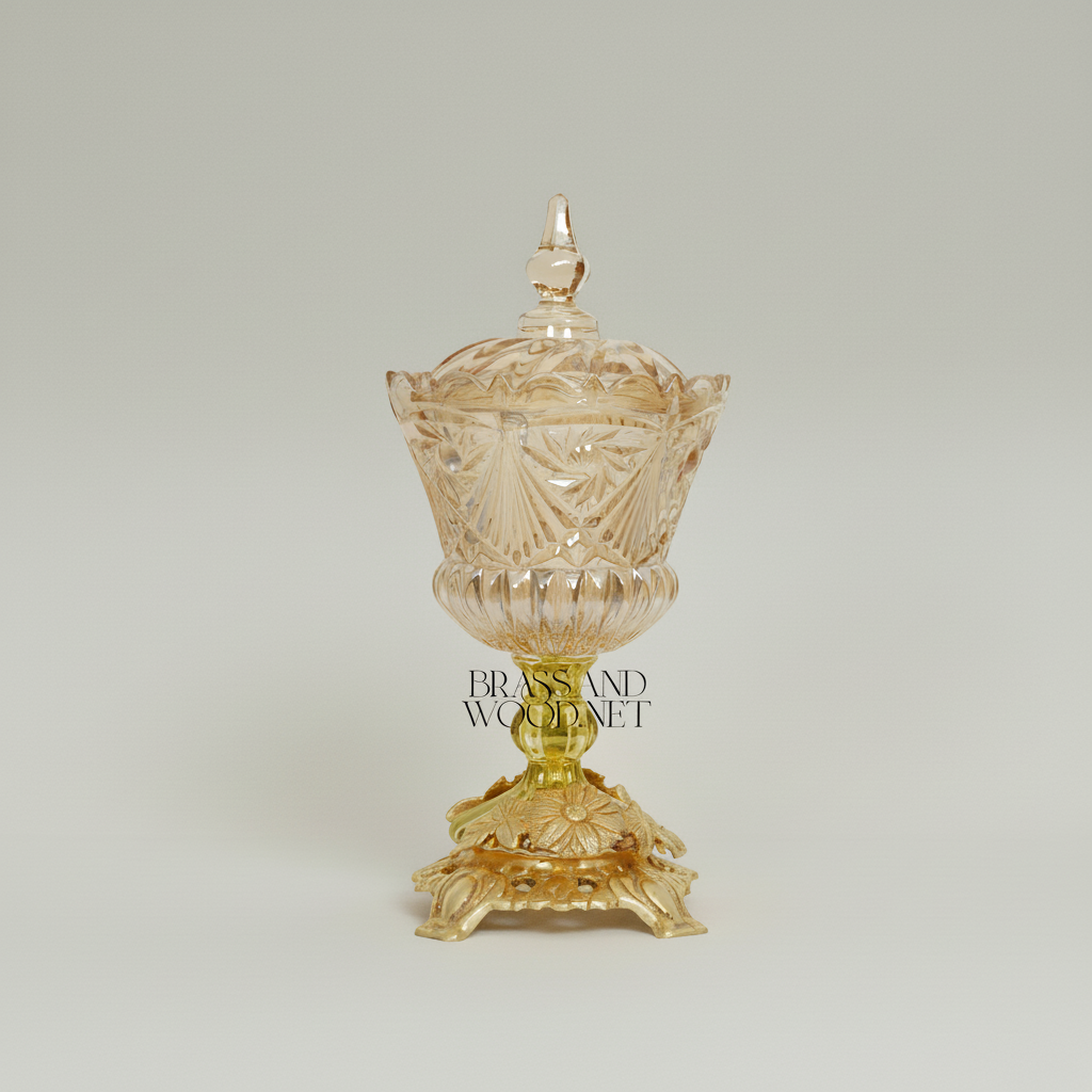 Baroque Cut-Crystal Bonbonniere with Floral Brass Base — Gold