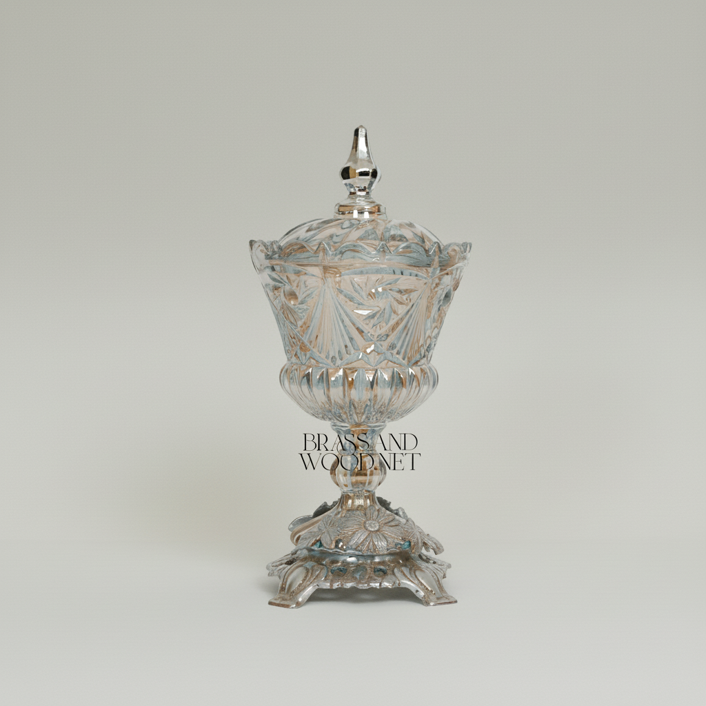 Baroque Cut-Crystal Bonbonniere with Floral Brass Base — Silver