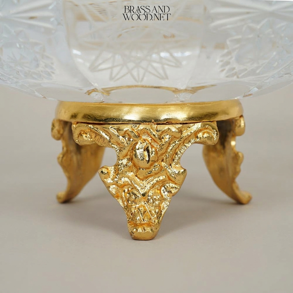Baroque Cut-Crystal Bowl on Ornate Brass Tripod Stand - Gold