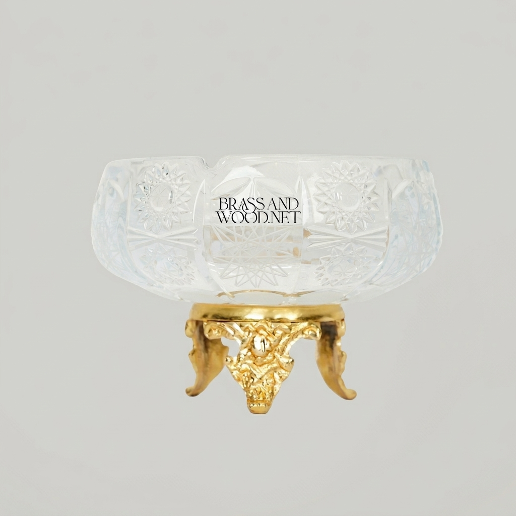 Baroque Cut-Crystal Bowl on Ornate Brass Tripod Stand - Gold