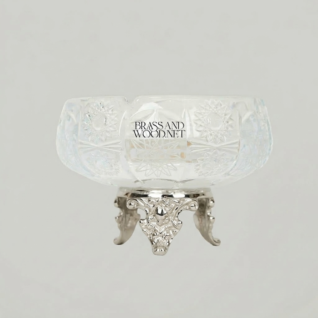 Baroque Cut-Crystal Bowl on Ornate Brass Tripod Stand - Silver