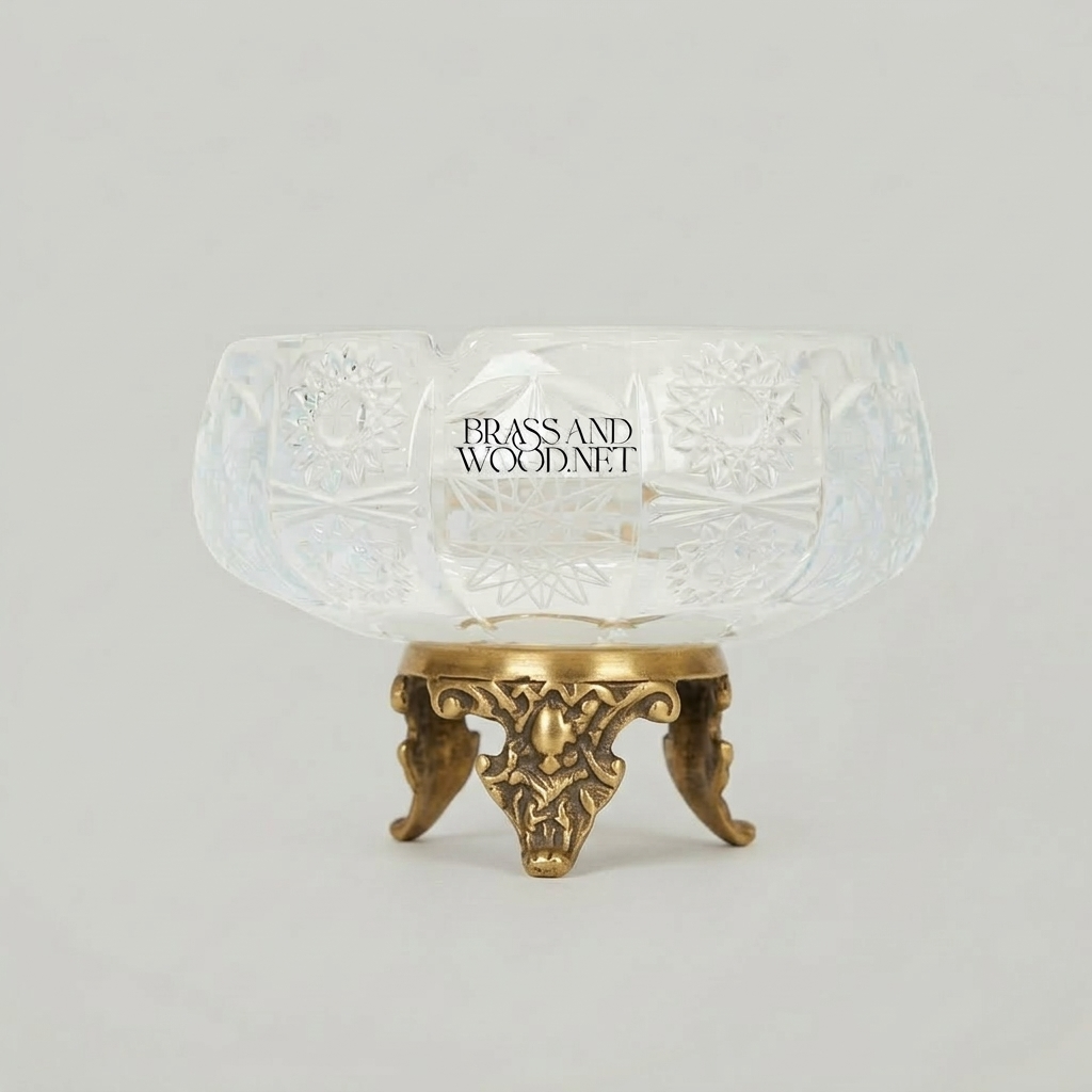 Baroque Cut-Crystal Bowl on Ornate Brass Tripod Stand - Antique Gold