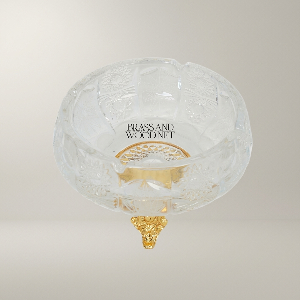 Baroque Cut-Crystal Bowl on Ornate Brass Tripod Stand - Gold