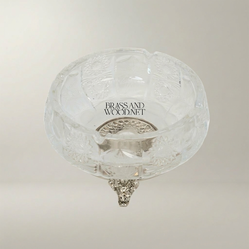 Baroque Cut-Crystal Bowl on Ornate Brass Tripod Stand - Silver