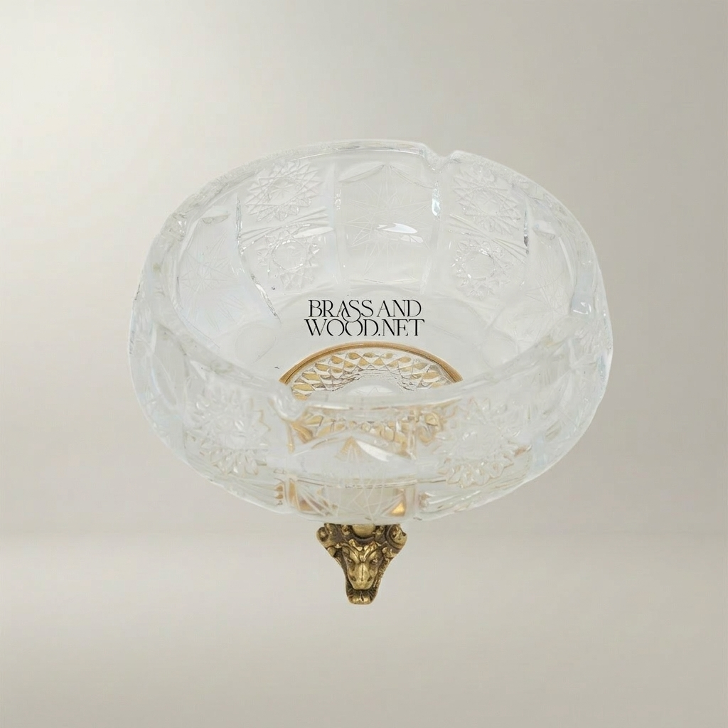 Baroque Cut-Crystal Bowl on Ornate Brass Tripod Stand - Antique Gold