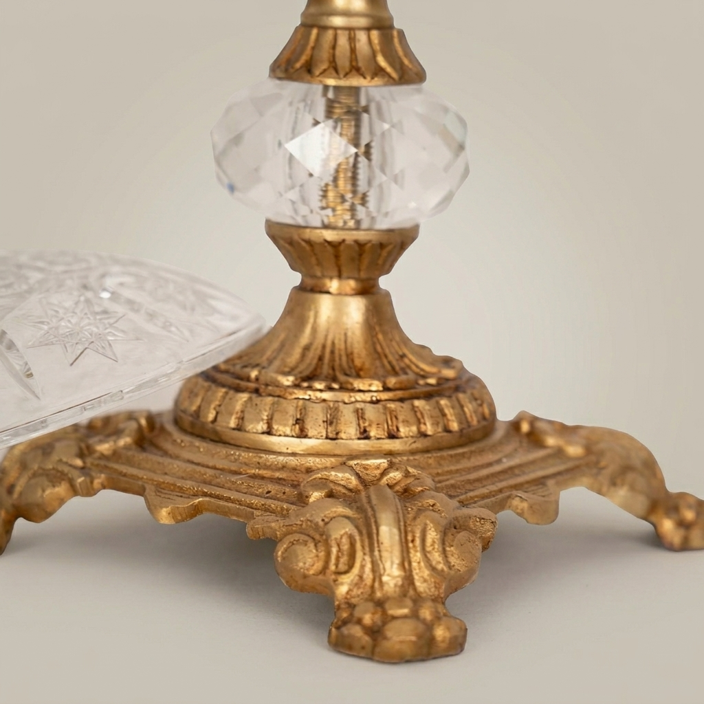 Baroque Cut-Crystal Lidded Candy Bowl on Ornate Brass Pedestal — Antique Gold