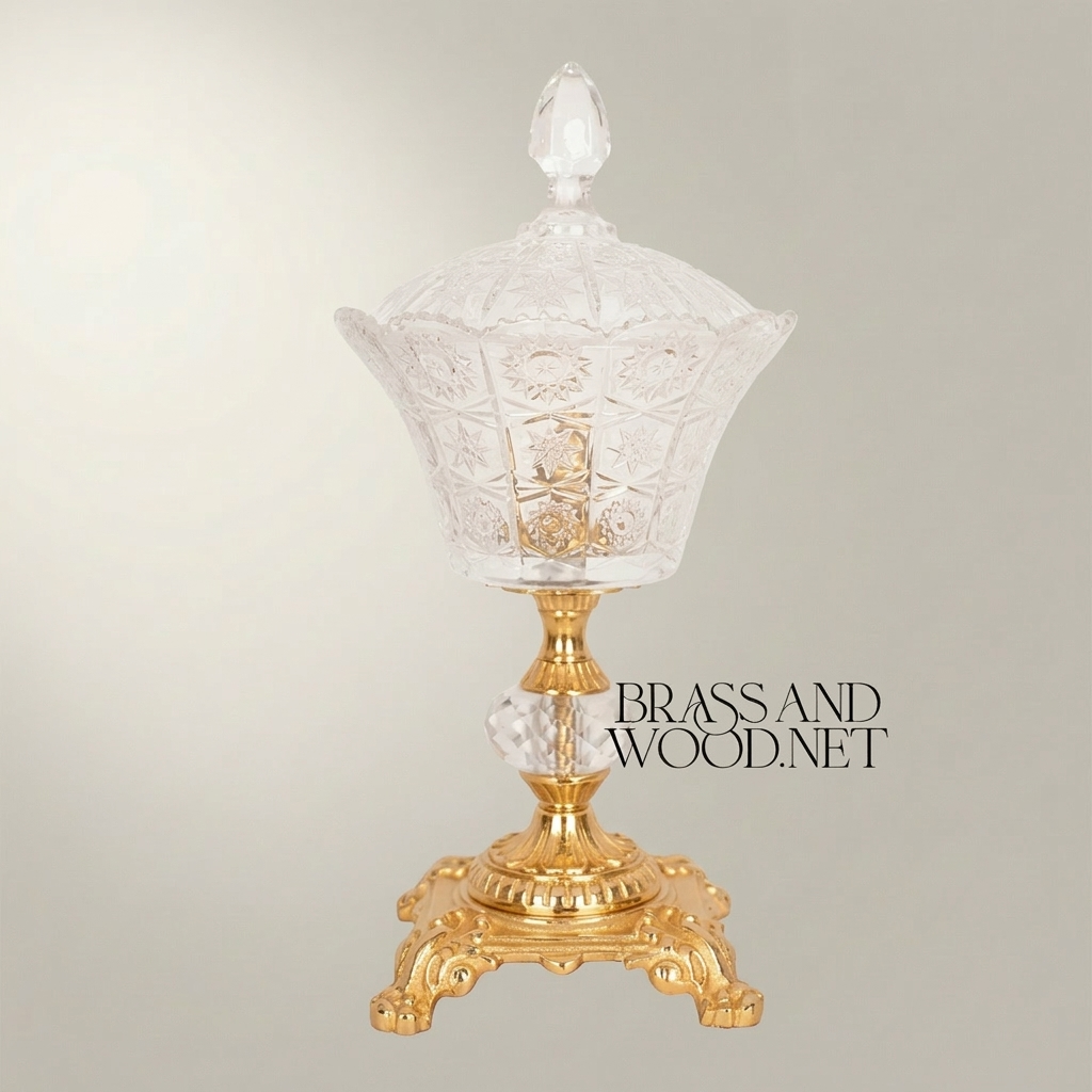 Baroque Cut-Crystal Lidded Candy Bowl on Ornate Brass Pedestal — Gold