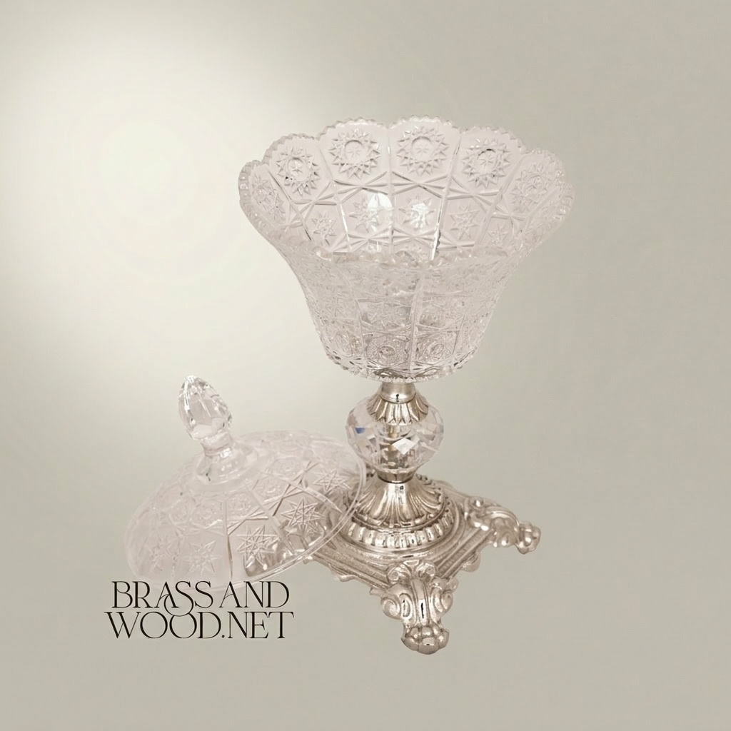 Baroque Cut-Crystal Lidded Candy Bowl on Ornate Brass Pedestal — Silver