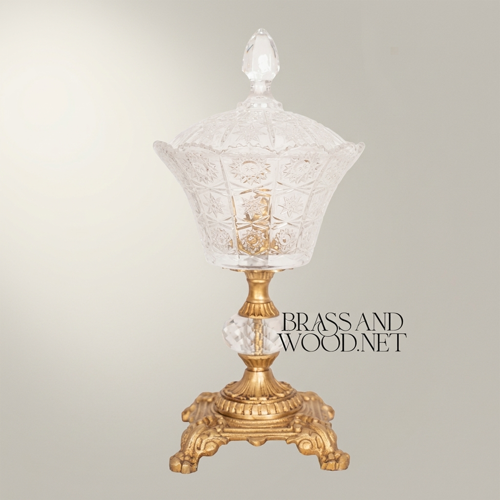 Baroque Cut-Crystal Lidded Candy Bowl on Ornate Brass Pedestal — Antique Gold