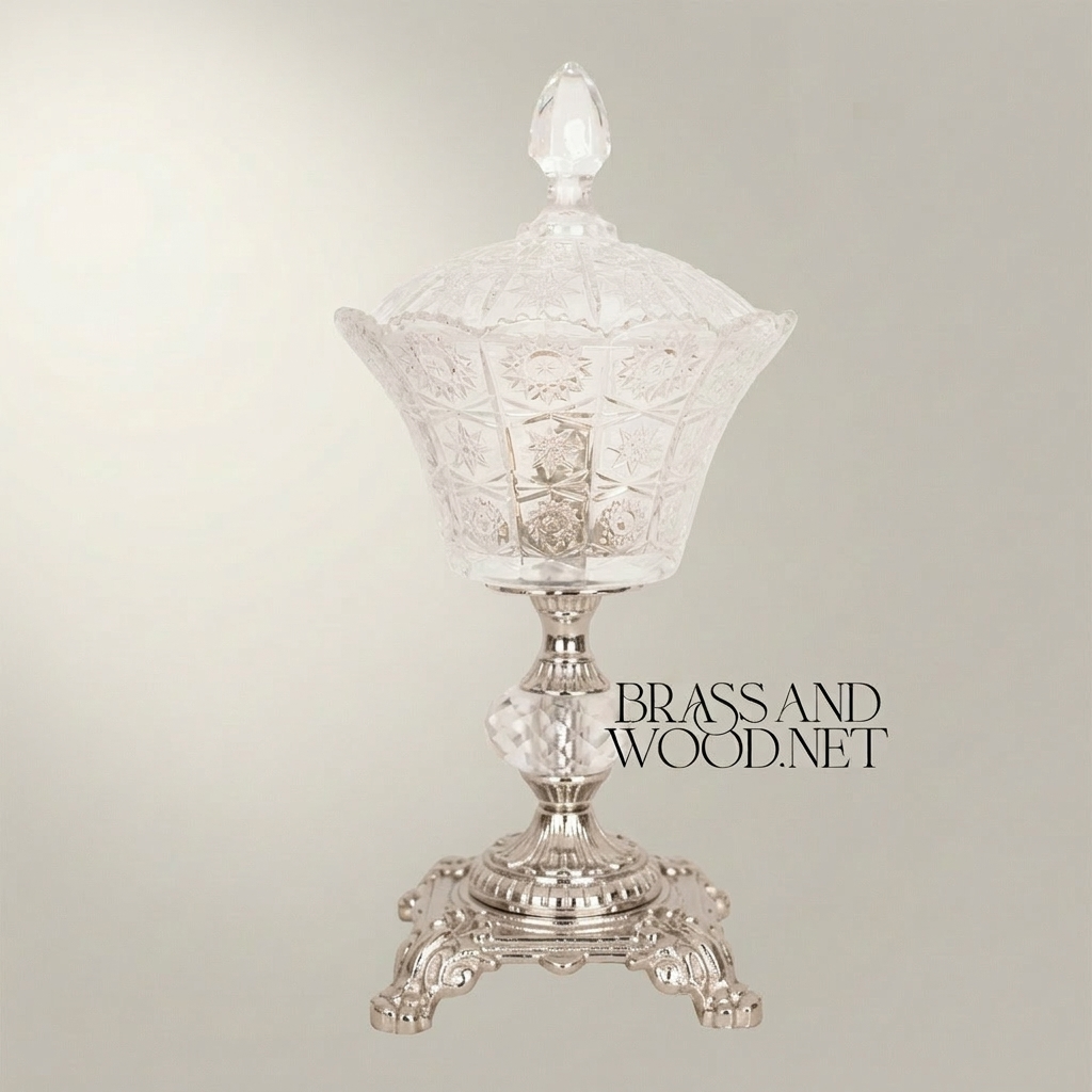 Baroque Cut-Crystal Lidded Candy Bowl on Ornate Brass Pedestal — Silver
