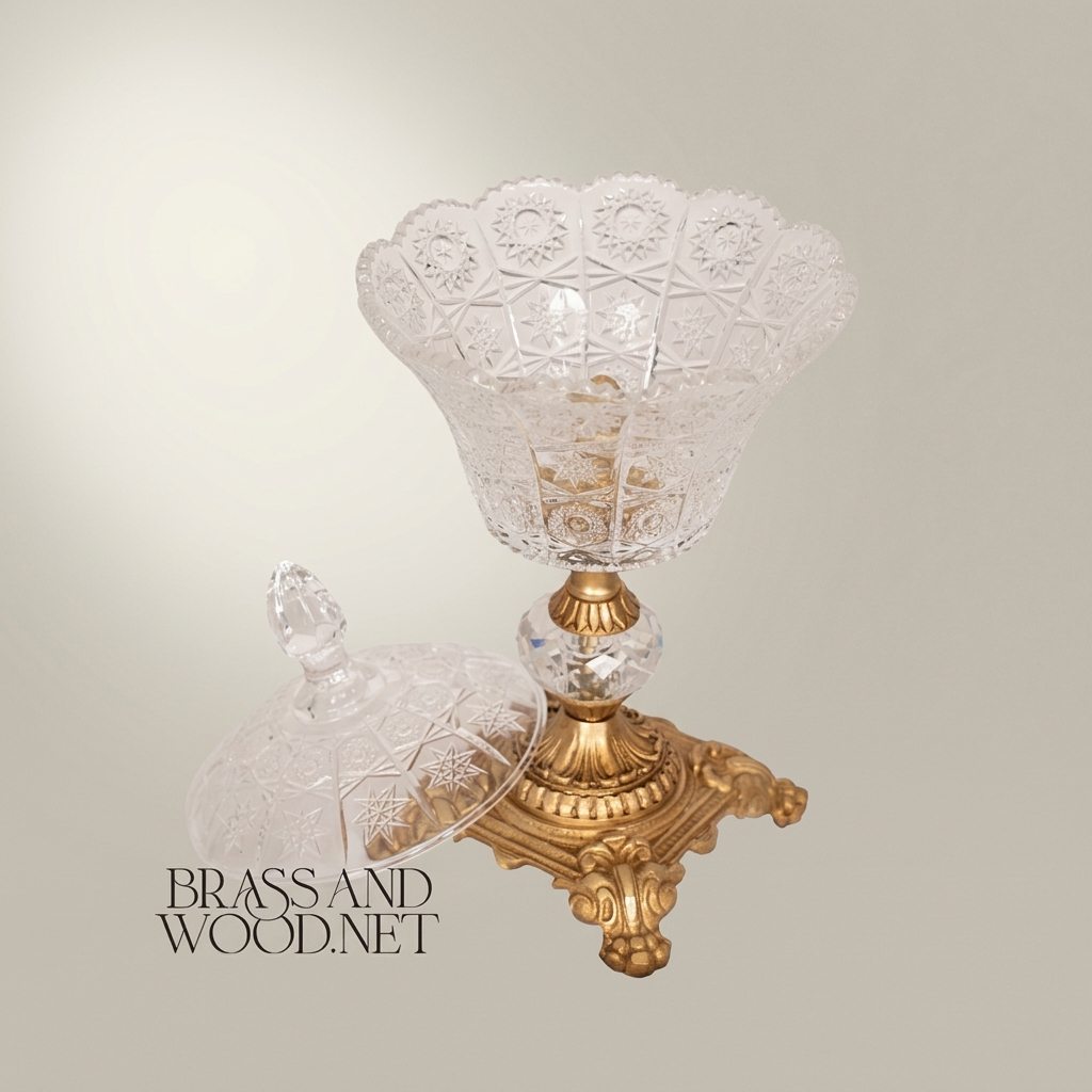 Baroque Cut-Crystal Lidded Candy Bowl on Ornate Brass Pedestal — Antique Gold