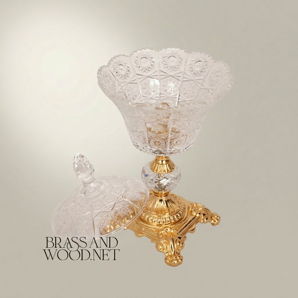 Baroque Cut-Crystal Lidded Candy Bowl on Ornate Brass Pedestal