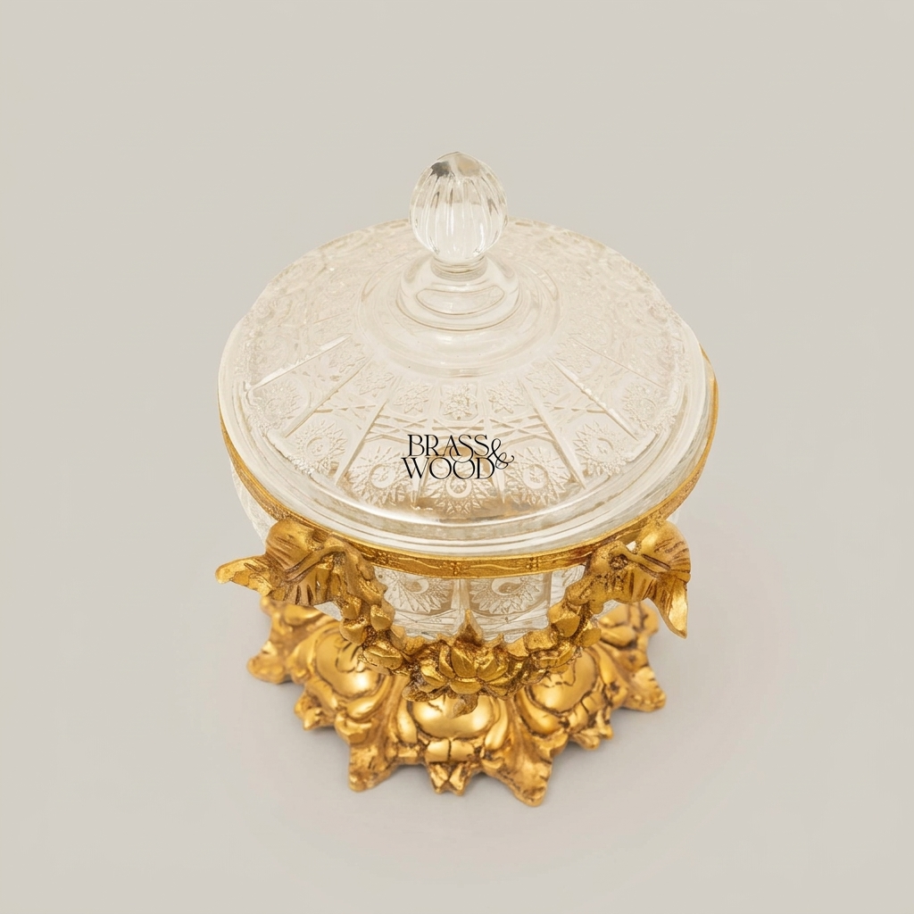 Baroque Engraved Glass & Brass Bonbonniere - Floral Swag Pedestal Lid