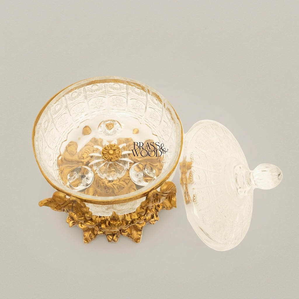 Baroque Engraved Glass & Brass Bonbonniere - Floral Swag Pedestal Lid — Gold