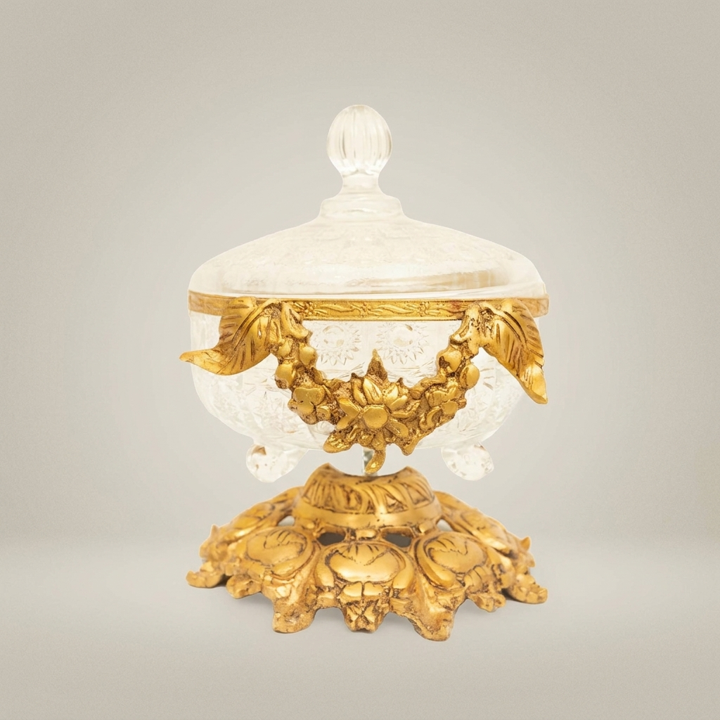 Baroque Engraved Glass & Brass Bonbonniere - Floral Swag Pedestal Lid