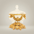 Baroque Engraved Glass & Brass Bonbonniere - Floral Swag Pedestal Lid — Gold