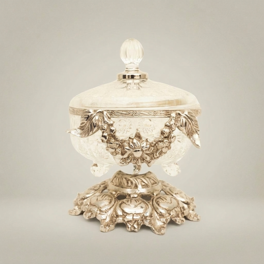 Baroque Engraved Glass & Brass Bonbonniere - Floral Swag Pedestal Lid — Silver