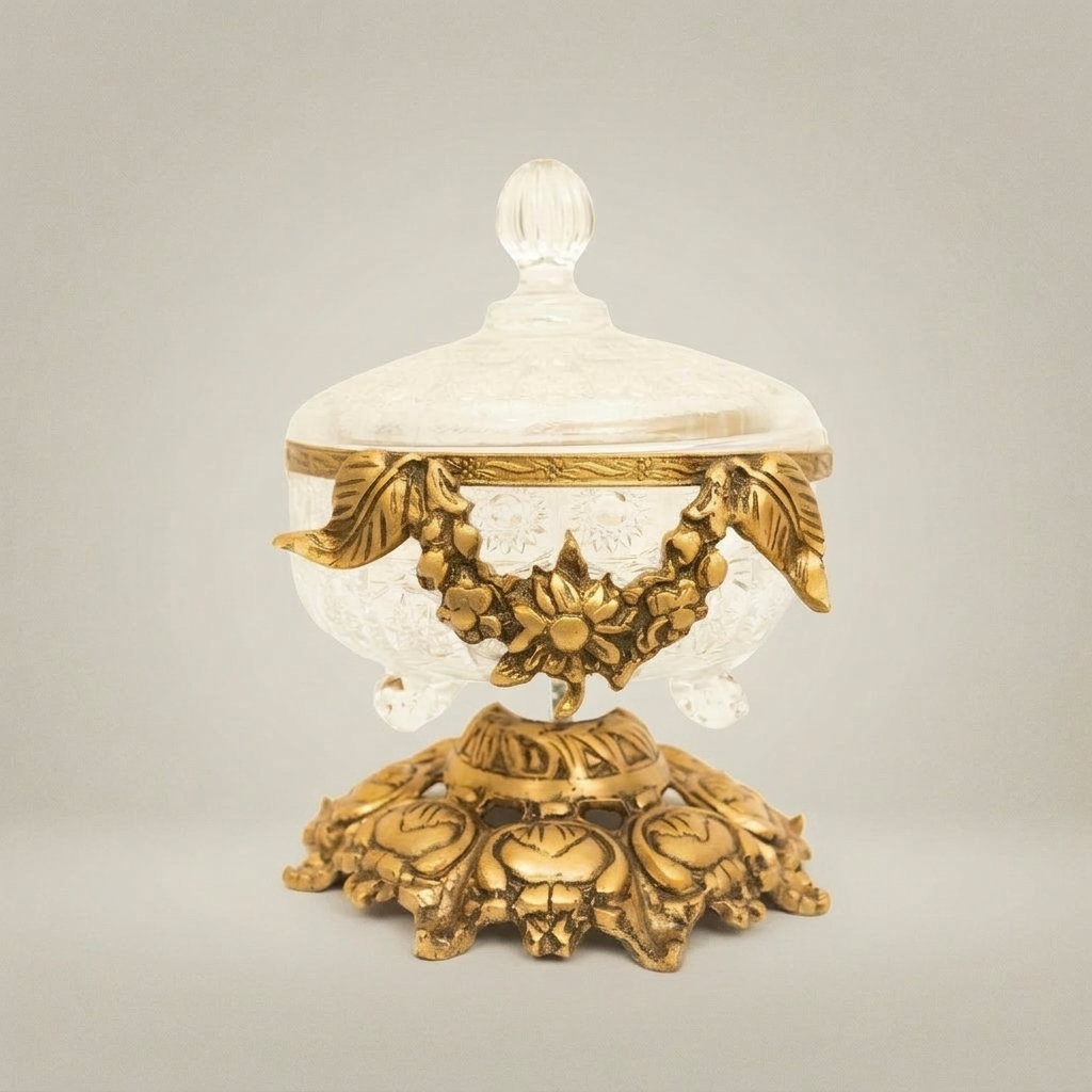 Baroque Engraved Glass & Brass Bonbonniere - Floral Swag Pedestal Lid — Antique Gold