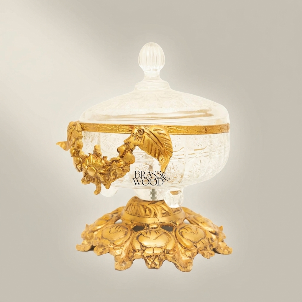 Baroque Engraved Glass & Brass Bonbonniere - Floral Swag Pedestal Lid