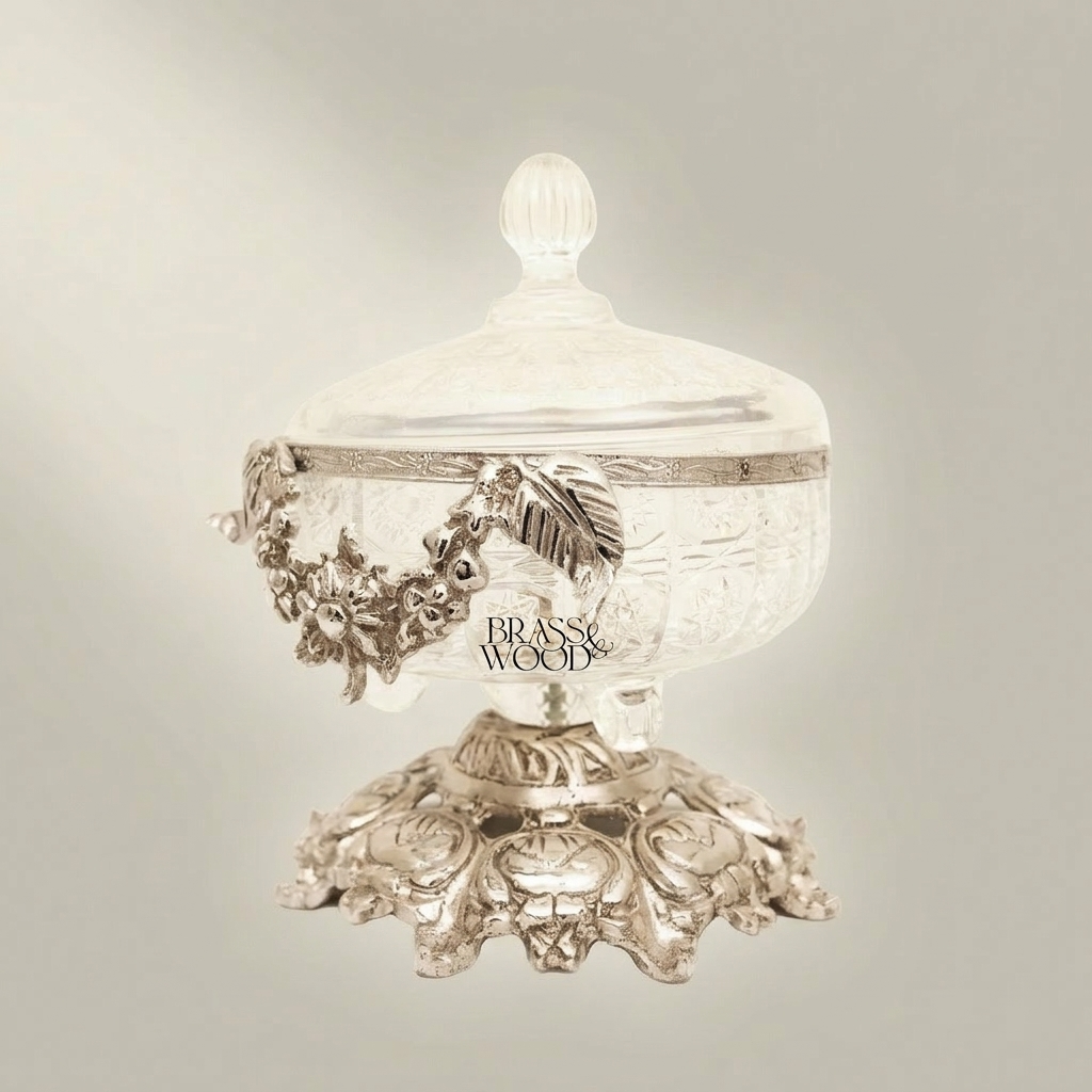 Baroque Engraved Glass & Brass Bonbonniere - Floral Swag Pedestal Lid — Silver