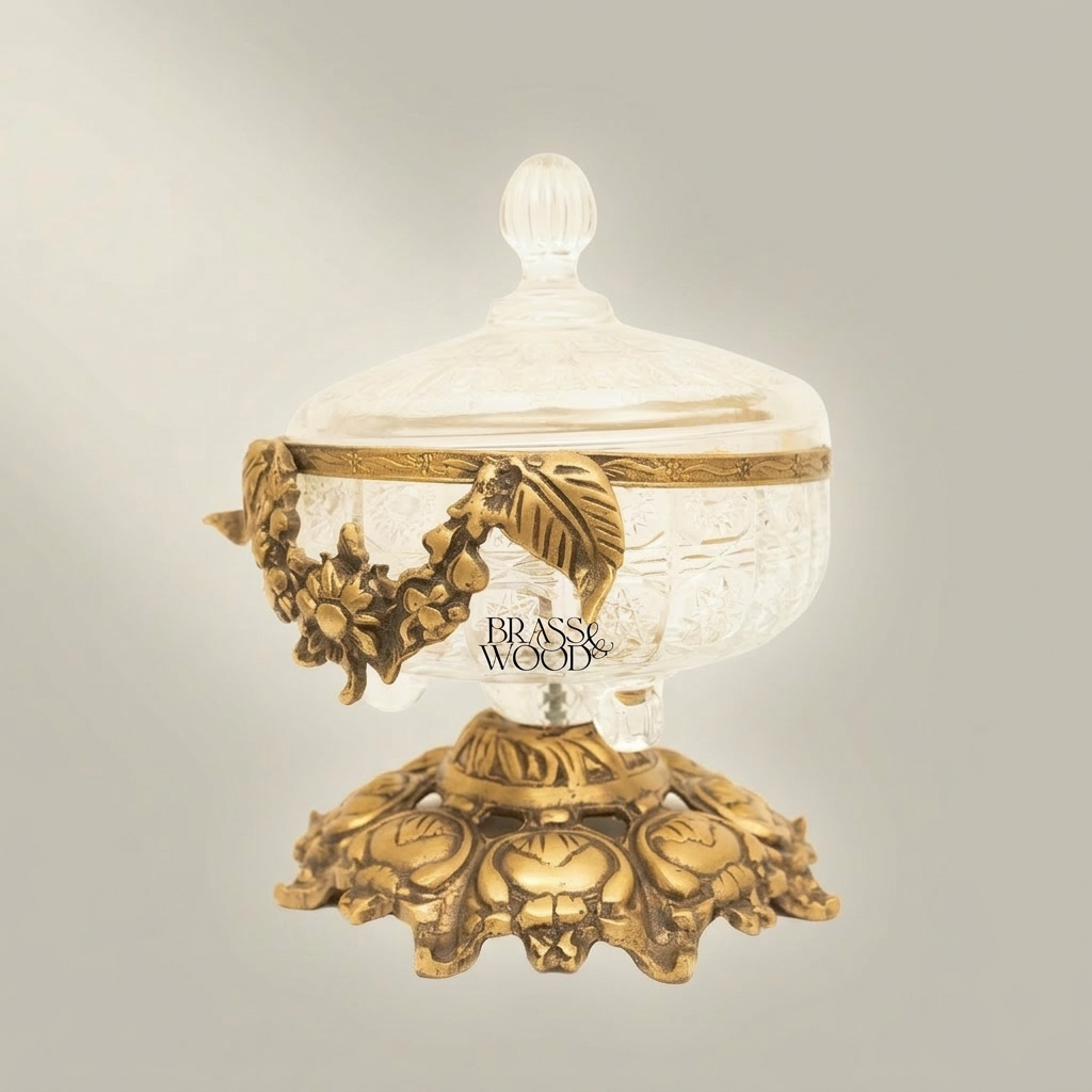 Baroque Engraved Glass & Brass Bonbonniere - Floral Swag Pedestal Lid — Antique Gold