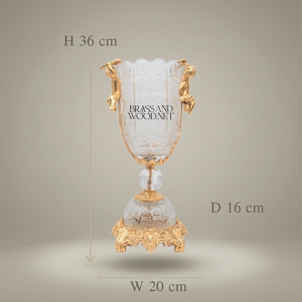 Baroque Cherub Crystal Trophy Vase with Engraved Body and Ornate Brass Base — Gold