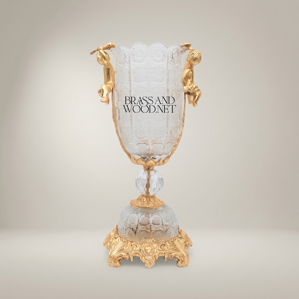 Baroque Cherub Crystal Trophy Vase with Engraved Body and Ornate Brass Base — Gold