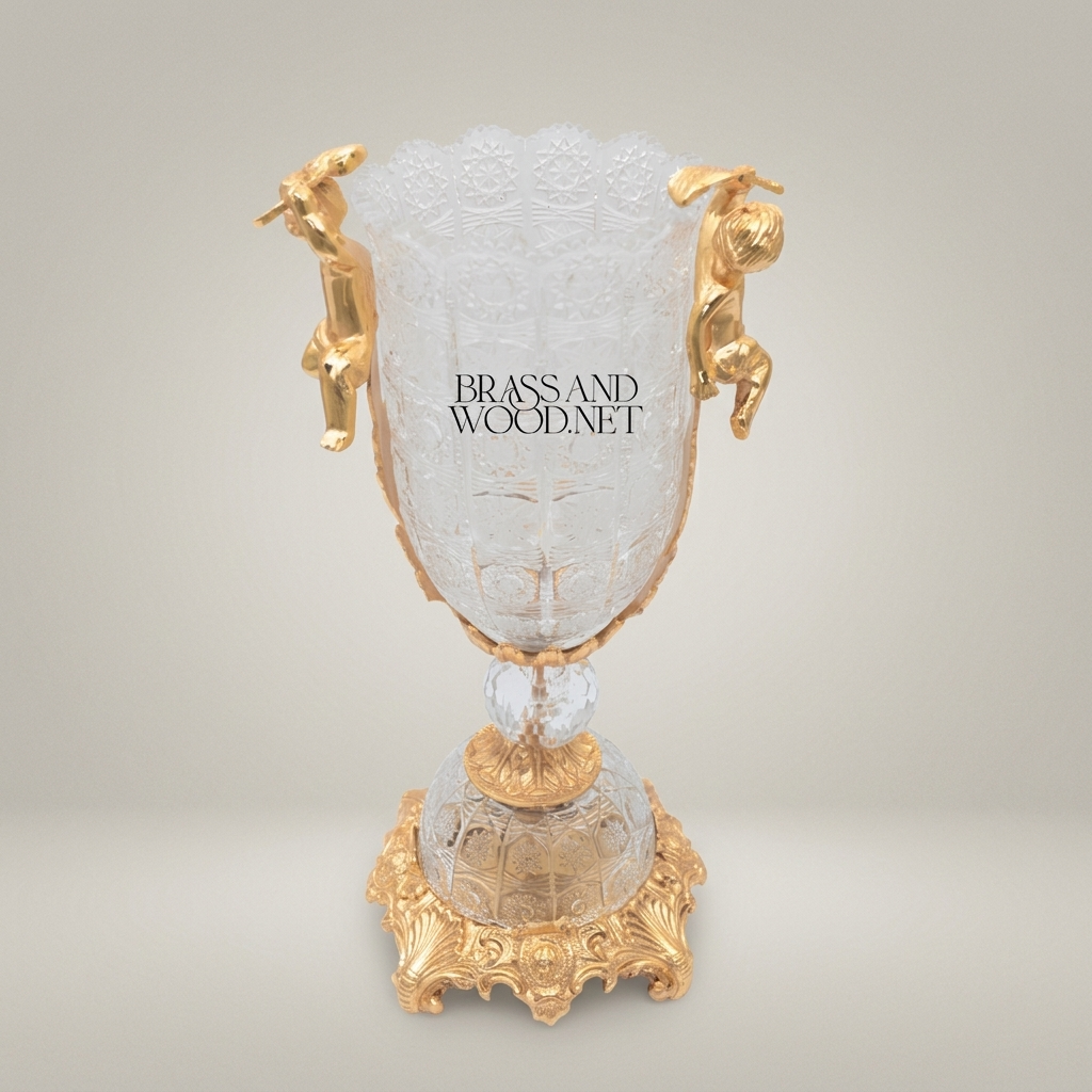 Baroque Cherub Crystal Trophy Vase with Engraved Body and Ornate Brass Base — Gold